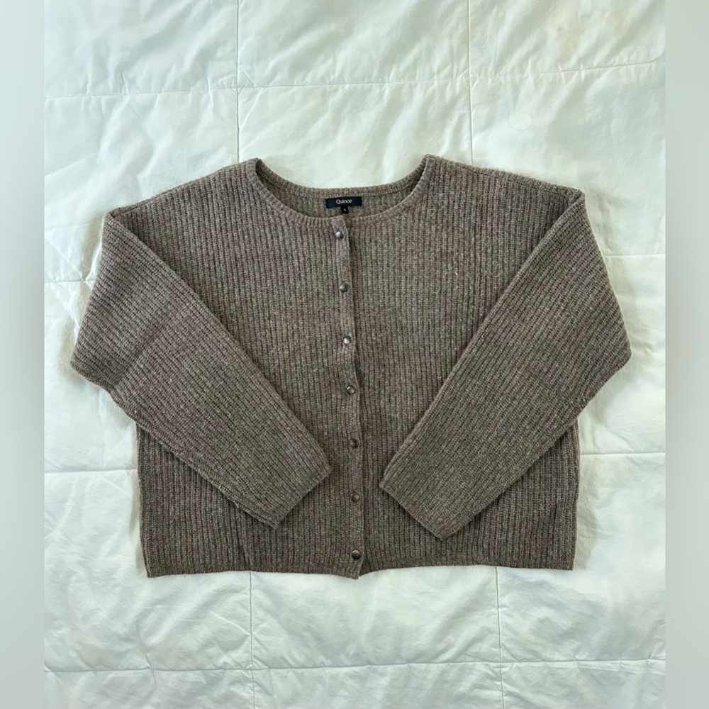 Quince 100% Yak Soft Rib Crew Cardigan, heather brown